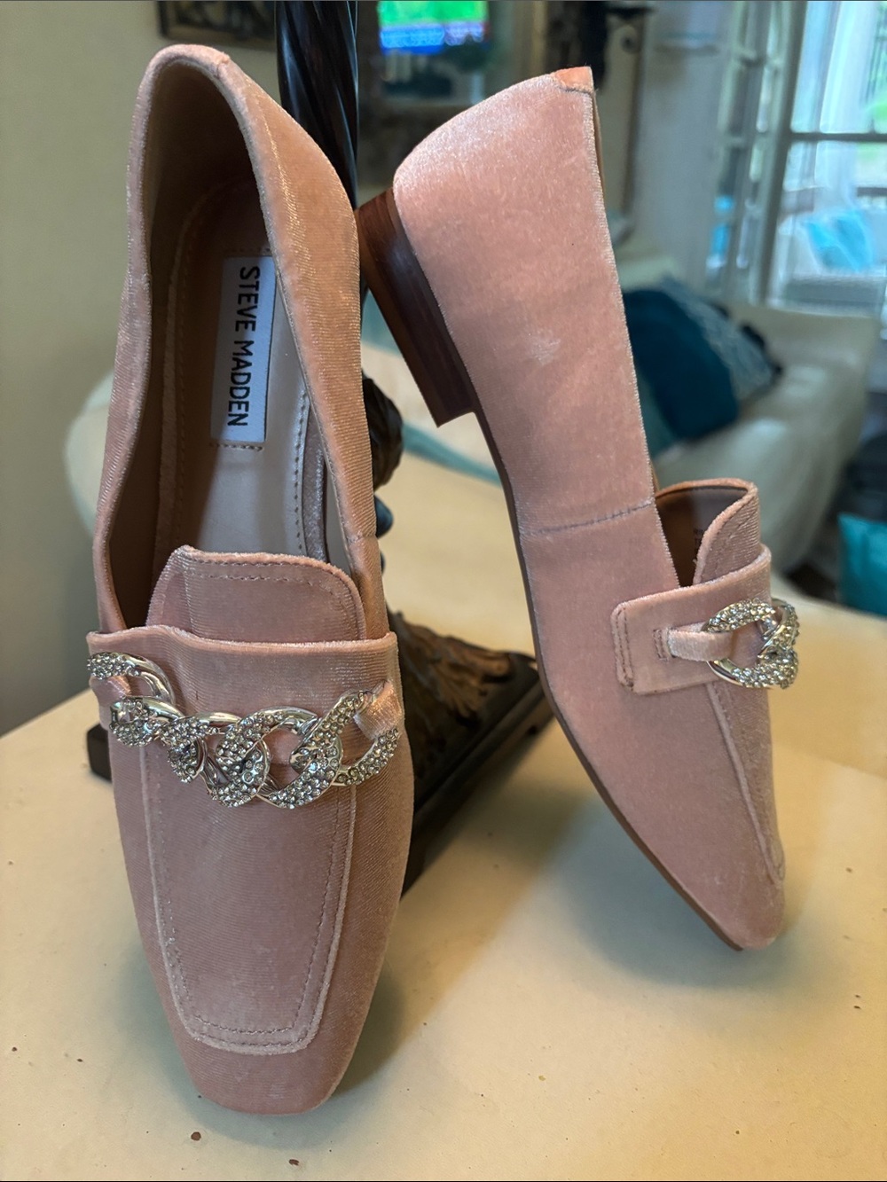 Steve Madden Pink Velvet Loafers with Crystal Chain Detail